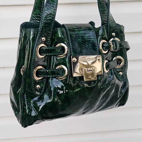 Jimmy Choo Shoulder Bag Roquette Bag Green Leopard Print Patent Leather Italy - Picture 8 of 14